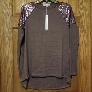 She & Sky Medium Cocoa LS shirt w/ sequins